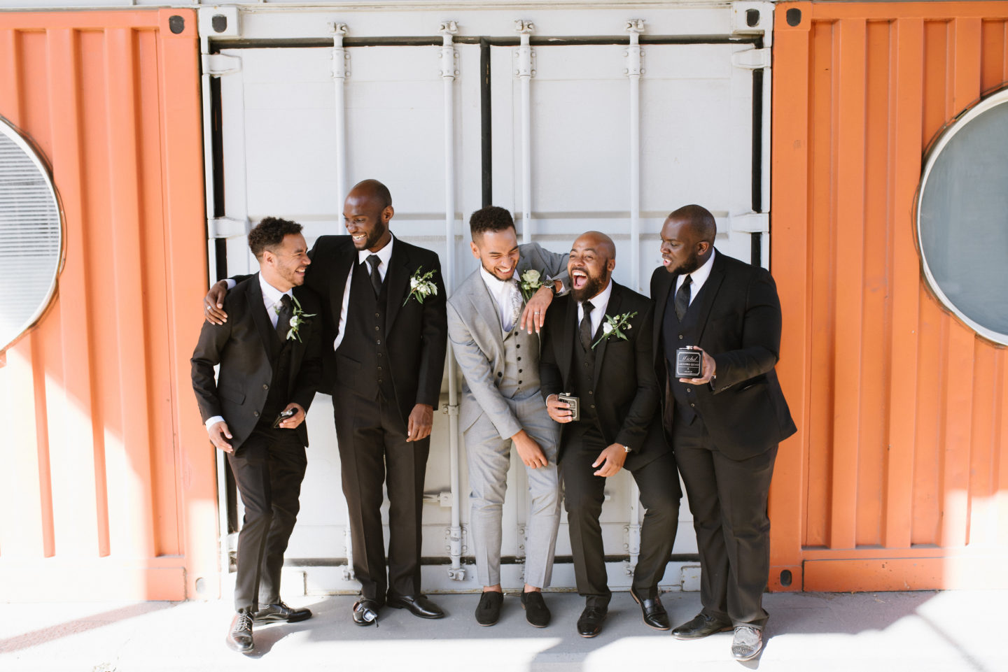 Modern Wedding Party | Black Groomsmen suits | Grey Groom Suit
