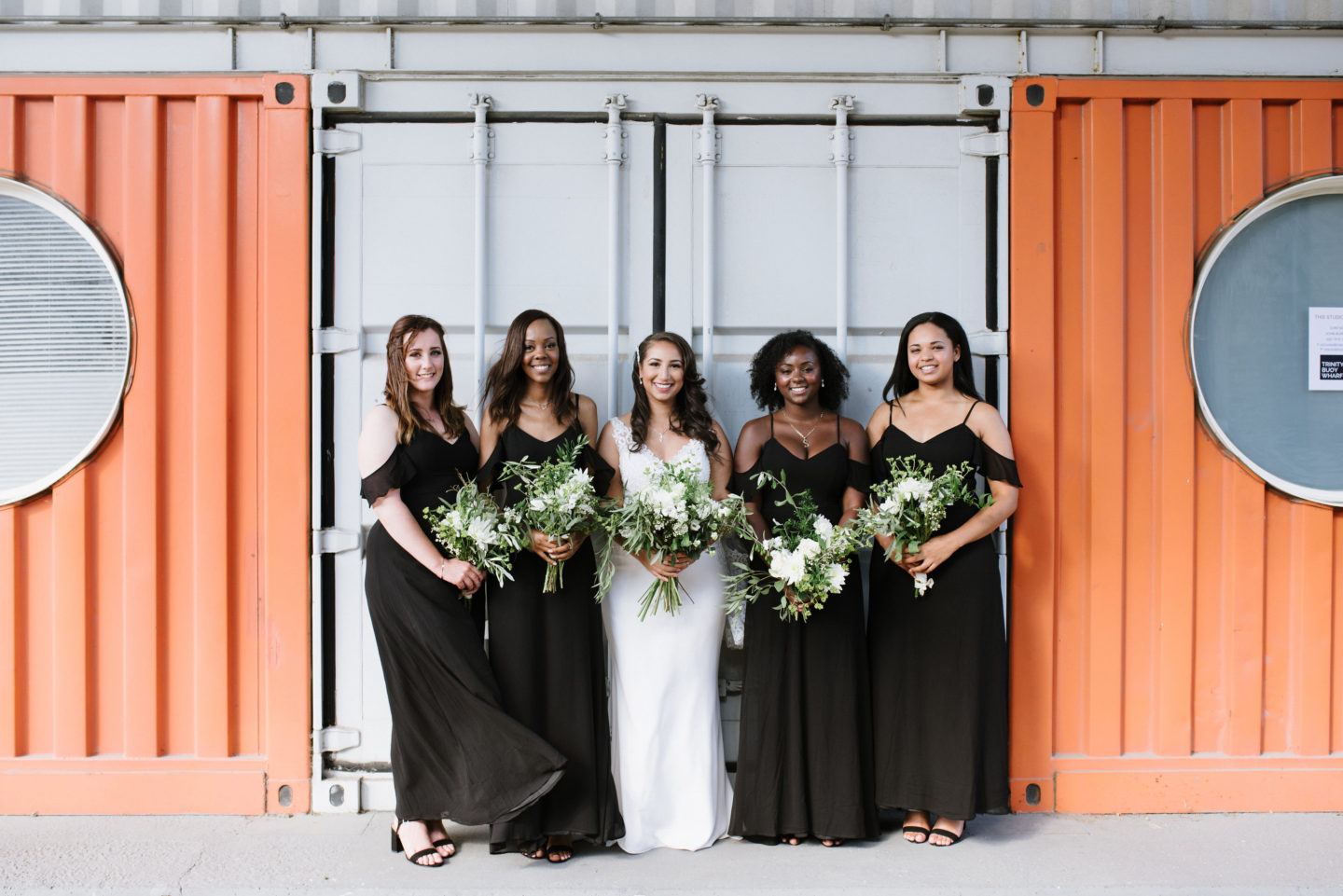 Modern Wedding Party Outfits | Bridal Party | Black Bridesmaid Dresses