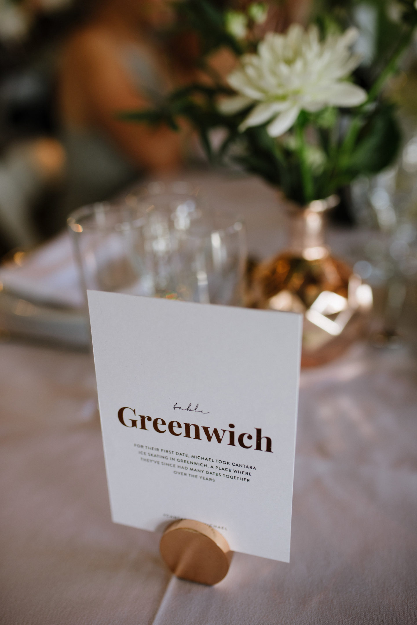 Modern, simple table names on a copper stand. A Modern, Industrial Warehouse Wedding with Personal Touches