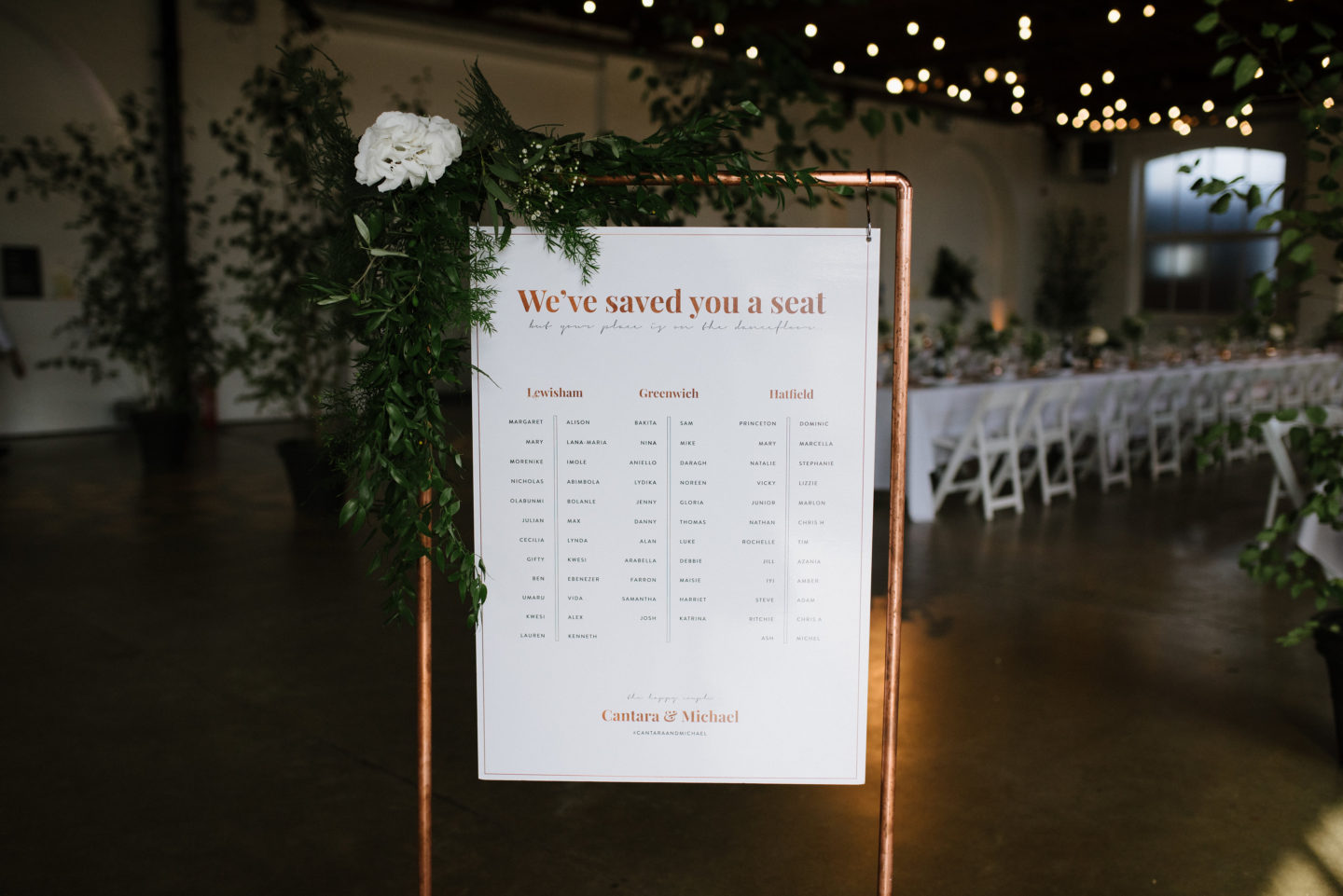 Copper stand seating chart. Modern Warehouse Wedding Decor | Industrial Wedding Styling