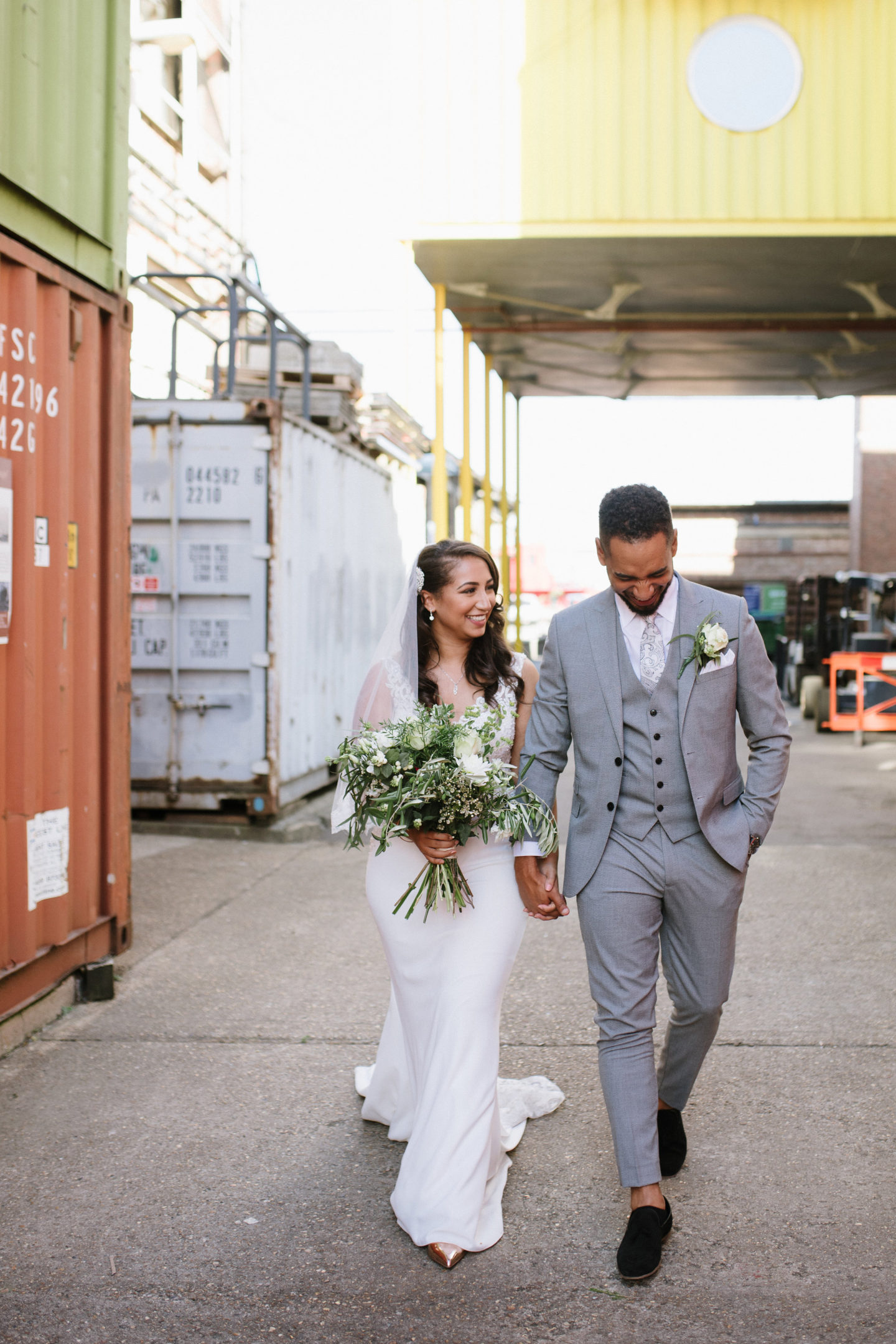 Industrial wedding outfits bride and groom
