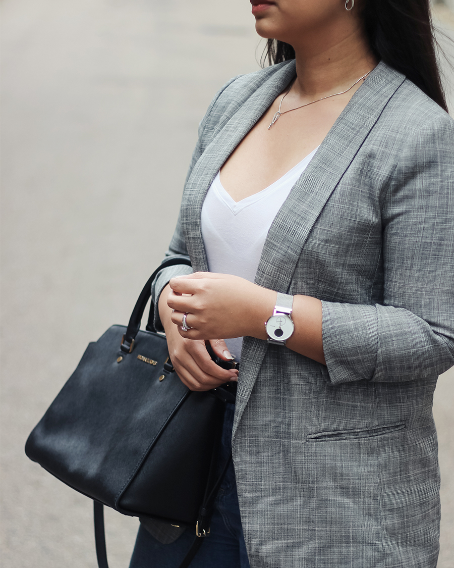 Business woman fashion style, grey blazer, Michael Kors bag